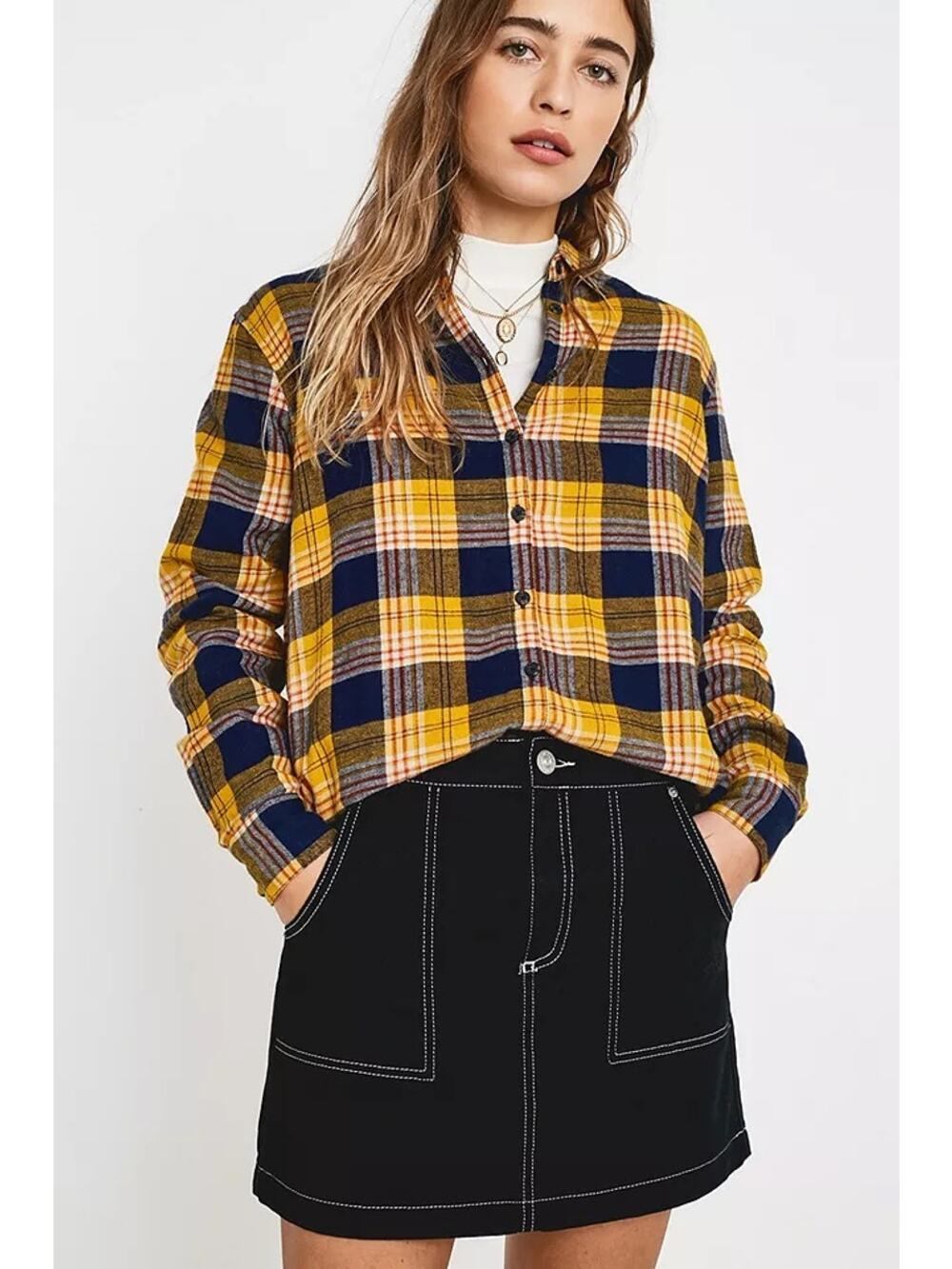 Urban Outfitters Eli Yellow Perfect Button-Down Flannel Shirt Size Medium